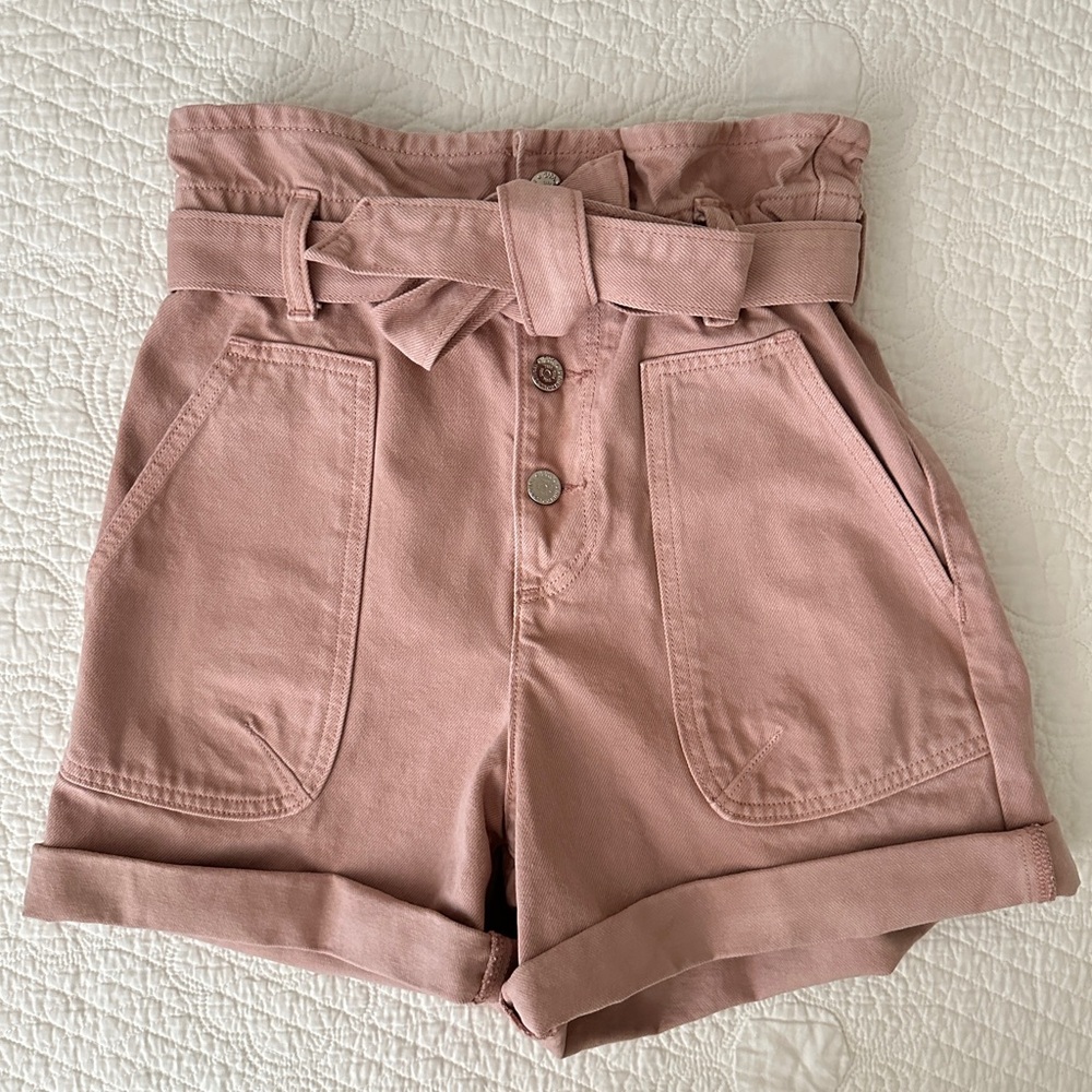 Zara Women's Pink High Waisted Paperbag Belted Shorts Sz 2